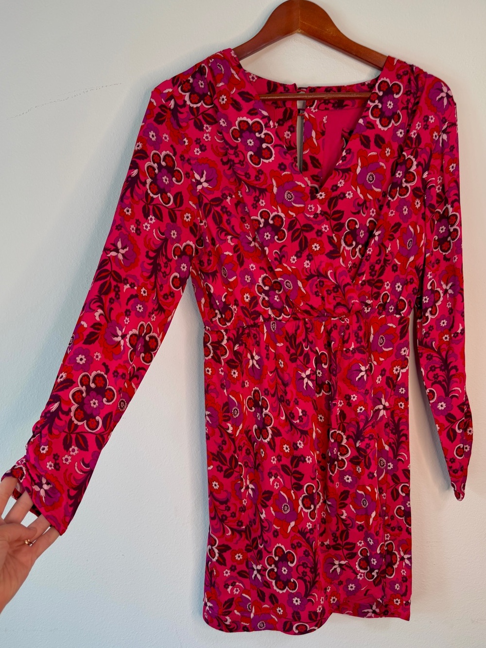 Anthropologie Maeve Y2K Pink Floral Faux Wrap Mini Dress Womens Boho Longsleeve